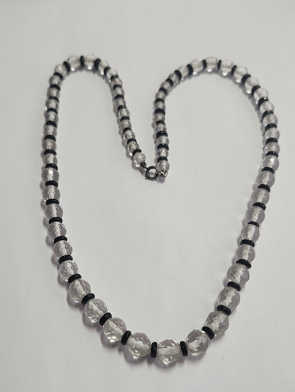 Clear Crystal Bead Necklace with Black Accents Sterling Silver Clasp 20" Length